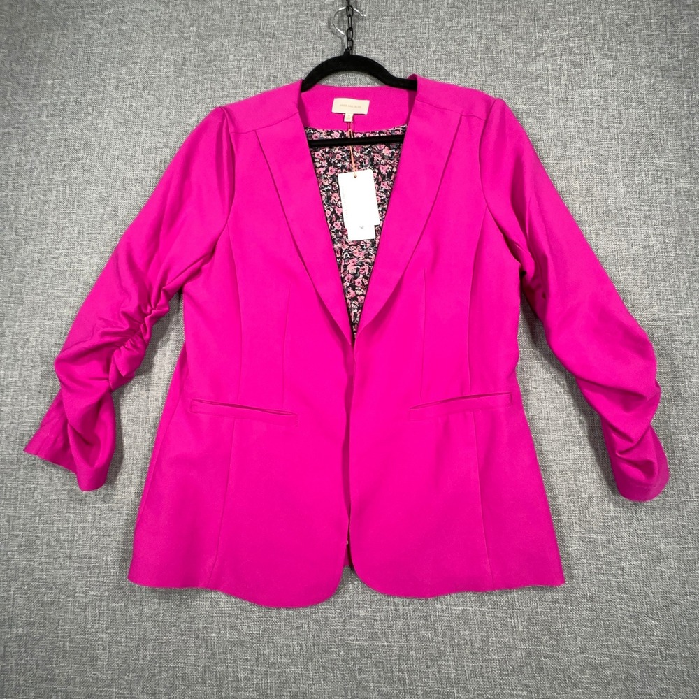 Skies Are Blue Blazer Womens M Pink Ruched Sleeve Open Front Office Career NEW